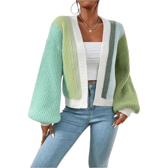 Tops - Women's Color Block Cropped Cardigan Ribbed Knit Long Sleeve Open Front